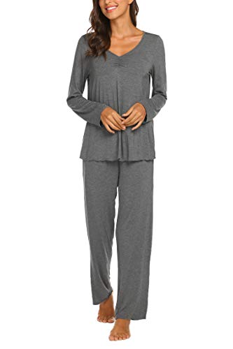 MAXMODA Schlafanzug Damen Lang Pyjama Set Langarm Nachtwäsche Winter Schlafanzüge Zweiteiliger, Grau L von MAXMODA