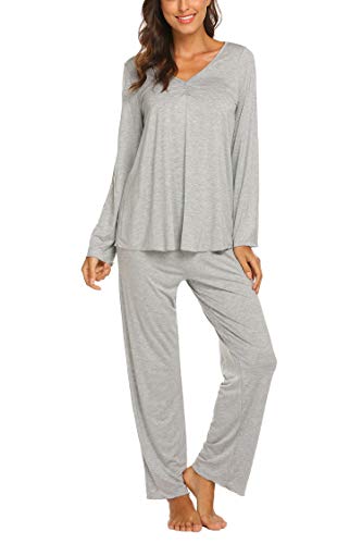MAXMODA Schlafanzug Damen Lang Pyjama Set Langarm Nachtwäsche Winter Schlafanzüge Zweiteiliger, Hellgrau XL von MAXMODA