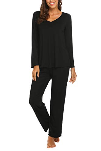 MAXMODA Schlafanzug Damen Lang Pyjama Set Langarm Nachtwäsche Winter Schlafanzüge Zweiteiliger, Schwarz L von MAXMODA
