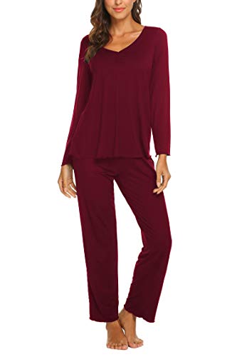 MAXMODA Schlafanzug Damen Lang Pyjama Set Langarm Nachtwäsche Winter Schlafanzüge Zweiteiliger, Weinrot L von MAXMODA