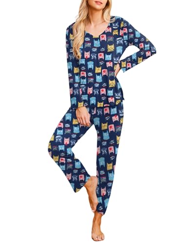 MAXMODA Schlafanzug Damen Lang Pyjama Zweiteiler V-Ausschnitt Lang Hausanzug Leicht Pjama Katze,S von MAXMODA