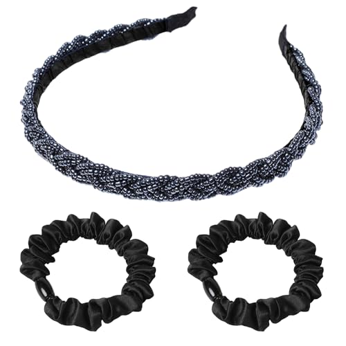 1 Stück Perlen-Stirnband Mit 2 Stück Schwarzen Haargummis, Damen-Haarschmuck, Geflochtener Haarschmuck, Haarschmuck, Kristall-Haarschmuck von MAXQUU