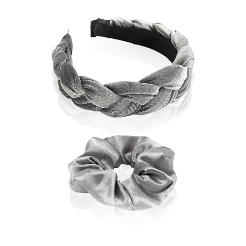 1 Stück Wildleder-Stirnband Und 1 Stück Satin-Haargummi, Haarband Für Damen Und Mädchen, Kleid-Stirnband, Geflochtenes Haarband, Wildleder-Haarschmuck, Geeignet Für Geburtstage, Hochzeiten (Grau) von MAXQUU