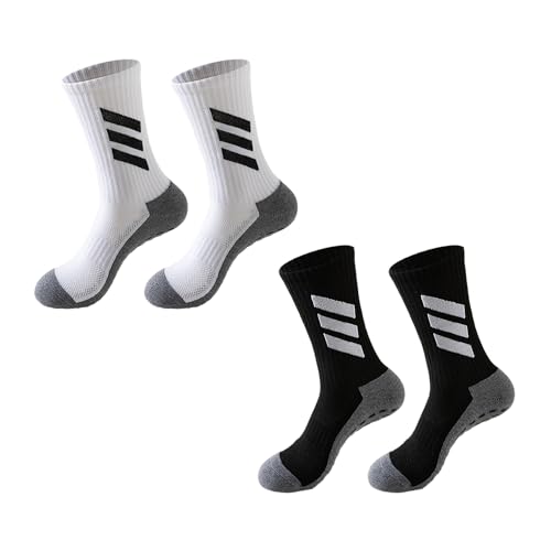 2 Paar Rutschfeste Sportsocken, Gummipolster-Griffsocken, Atmungsaktive Fußballsocken in Der Mitte Der Wade, Dreistreifen-Fußballgriffsocken, Elastische Basketballsocken Für Herren (Weiß, Schwarz). von MAXQUU