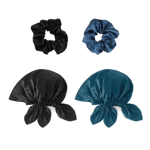 2 Stück Seiden-Schlafmützen Mit 2 Stück Haargummis, Weiches Damen-Stirnband, Satin-Haarkappe, Lockiges Haar-Schlafmütze, Verstellbares Gummiband (Blau, Schwarz) von MAXQUU