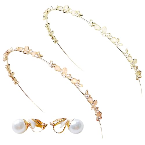 2 Stück Strass-Stirnbänder, mit 1 Paar Perlen-Ohrclip, Hochzeits-Haarschmuck-Set, einfaches dünnes Stirnband, elegantes Strass-Stirnband, vielseitiges Stirnband für Damen, Styling-Zubehör von MAXQUU