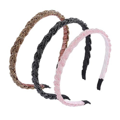 3 Stück Geflochtene Haaraccessoires Für Damen, Gedrehte Perlenstirnbänder, Rutschfeste Haargummis, Geeignet Für Den Täglichen Gebrauch Von Mädchen (Kaffee, Schwarz, Dunkelrosa) von MAXQUU