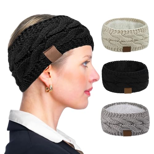 3 Stück gepolsterte Stirnbänder, gestrickte Haarbänder, warme Stirnbänder für Herbst und Winter, dehnbare gestrickte Stirnbänder, Sport-Haarbänder für Mädchen, verdickte Stirnbänder, Ohrenschützer von MAXQUU