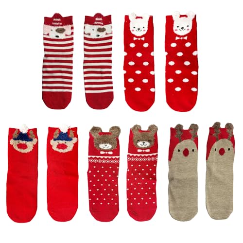 MAXQUU 5 Paar rote Weihnachtssocken, lustige Baumwollsocken für Kinder, Tierstrümpfe, Geschenke für Jungen und Mädchen, geeignet für Weihnachten, Kindertag (geeignet für 6–8 Jahre) von MAXQUU