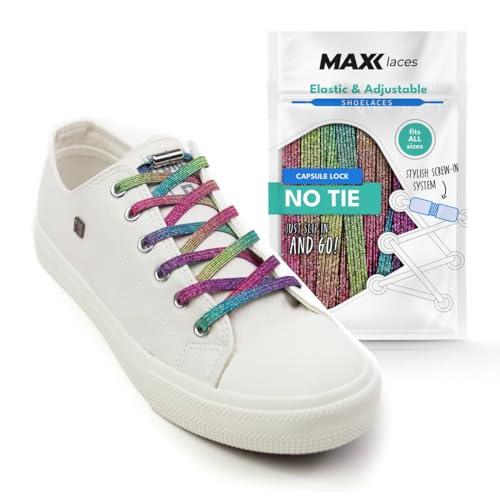 MAXX laces - Elastische Schnürsenkel ohne binden mit Metallkapseln flache Schuhbänder mit Schnellverschluss bunt für Kinder Erwachsene für Sneaker, Laufschuhe, Sporschuhe (glitter rainbow) von MAXX laces