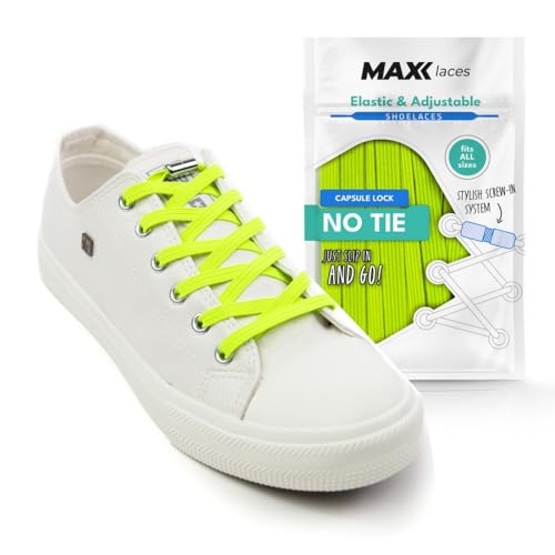 MAXX laces - Elastische Schnürsenkel ohne binden mit Metallkapseln flache Schuhbänder mit Schnellverschluss bunt für Kinder Erwachsene für Sneaker, Laufschuhe, Sporschuhe (neon gelb) von MAXX laces