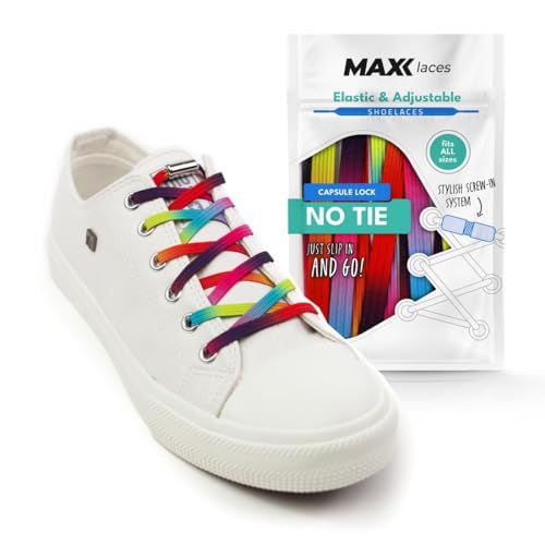 MAXX laces - Elastische Schnürsenkel ohne binden mit Metallkapseln flache Schuhbänder mit Schnellverschluss bunt für Kinder Erwachsene für Sneaker, Laufschuhe, Sporschuhe (rainbow) von MAXX laces