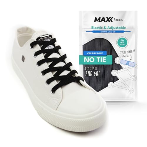 MAXX laces - Elastische Schnürsenkel ohne binden mit Metallkapseln flache Schuhbänder mit Schnellverschluss bunt für Kinder Erwachsene für Sneaker, Laufschuhe, Sporschuhe (schwarz) von MAXX laces