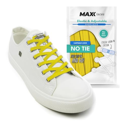 MAXX laces Elastische Schnürsenkel ohne binden mit Metallkapseln flache Schuhbänder mit Schnellverschluss bunt für Kinder Erwachsene für Sneaker, Laufschuhe, Sportschuhe (Gelb) von MAXX laces