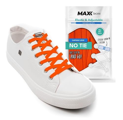 MAXX laces Elastische Schnürsenkel ohne binden mit Metallkapseln flache Schuhbänder mit Schnellverschluss bunt für Kinder Erwachsene für Sneaker, Laufschuhe, Sportschuhe (Orange) von MAXX laces