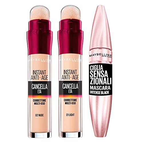 2x Maybelline New York Age-Erasing Liquid Concealer mit Gogli Berries Farben 02 Nude und 01 Light + 1x Volumizing Mascara Sensational Eyelashes Intense Black von MAYBELLINE