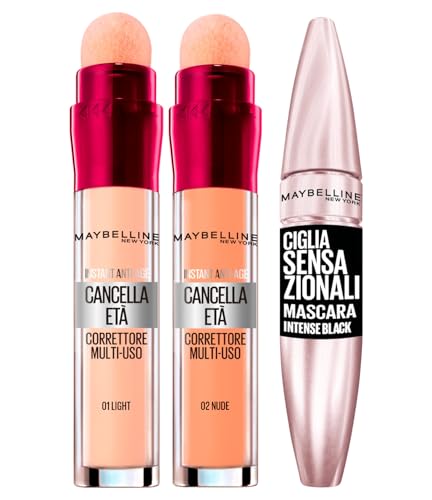 2x Maybelline New York Age-Erasing Liquid Concealer mit Gogli Berries Farben 02 Nude und 01 Light + 1x Volumizing Mascara Sensational Eyelashes Intense Black von MAYBELLINE