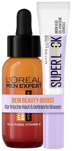 Maybelline New York Auegnbrauengel, Super Lock Brow Glue, starker Halt, definierte Brauen, transparent, 8 g + L'Oréal Men Expert Vitamin C Serum gegen müde Haut, 10% Vitamin C, Hydra Energy, 30 ml von MAYBELLINE