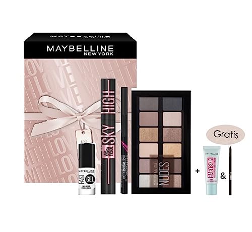 Maybelline New York Augen Make-Up Set mit Sky High Cosmic Black Mascara, The Nudes Lidschatten Palette, Hyper Precise Liner 700, Fast Gel Nagellack Nr. 18 und zwei Minis von MAYBELLINE