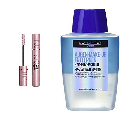 Maybelline New York Augen-Make-up Set, Schwarze Wimperntusche für lange Wimpern, Lash Sensational Sky High, Very Black, 7,2 ml und Augen Make-up Entferner, Auch für wasserfestes Make-up, 150 ml von MAYBELLINE