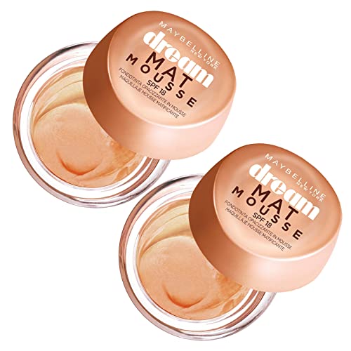 Maybelline New York Dream Mat Mousse SPF 18 Grundierung, matt, deckend und atmungsaktiv, T-Zone, Farbe 40 Fawn, für Mischhaut oder fettige Haut – 2 Kosmetika von MAYBELLINE