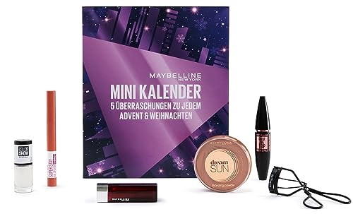 Maybelline New York Mini Adventskalender 2023 NYC Nights mit Kosmetik hinter 5 Türchen, Beauty Adventskalender 2023 mit Schminke, 1 Stück, Adventskalender 2023 Frauen von MAYBELLINE