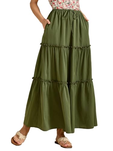 Damen Maxiröcke Lang A Linie Elastisch Hoch Taille Midirock Strandrock Freizeitrock Fließender Rock mit Taschen, Armeegrün, M von MAYFASEY