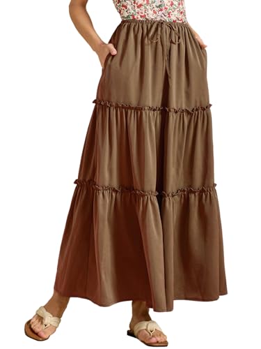 Damen Maxiröcke Lang A Linie Elastisch Hoch Taille Midirock Strandrock Freizeitrock Fließender Rock mit Taschen, Braun, L von MAYFASEY