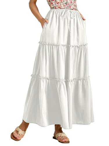 Damen Maxiröcke Lang A Linie Elastisch Hoch Taille Midirock Strandrock Freizeitrock Fließender Rock mit Taschen, Weiß, L von MAYFASEY