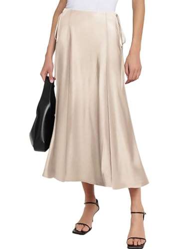 Damen Satin Rock Lang Hohe Taille Maxirock Elegant Seidiger Midirock A Linie Flared Midi Business Party Freizeitrock, Cremefarben, M von MAYFASEY