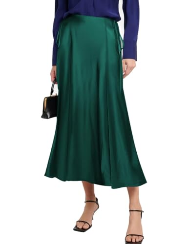 Damen Satin Rock Lang Hohe Taille Maxirock Elegant Seidiger Midirock A Linie Flared Midi Business Party Freizeitrock, Dunkelgrün, L von MAYFASEY