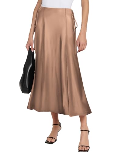 Damen Satin Rock Lang Hohe Taille Maxirock Elegant Seidiger Midirock A Linie Flared Midi Business Party Freizeitrock, Hellbraun, L von MAYFASEY