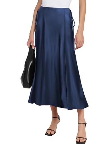 Damen Satin Rock Lang Hohe Taille Maxirock Elegant Seidiger Midirock A Linie Flared Midi Business Party Freizeitrock, Marineblau, M von MAYFASEY