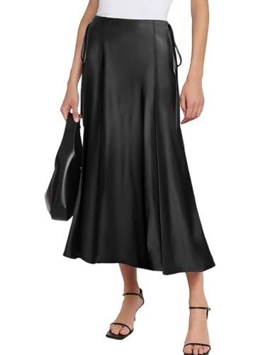 Damen Satin Rock Lang Hohe Taille Maxirock Elegant Seidiger Midirock A Linie Flared Midi Business Party Freizeitrock, Schwarz, L von MAYFASEY