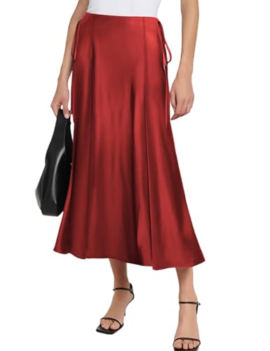 Damen Satin Rock Lang Hohe Taille Maxirock Elegant Seidiger Midirock A Linie Flared Midi Business Party Freizeitrock, Weinrot, L von MAYFASEY