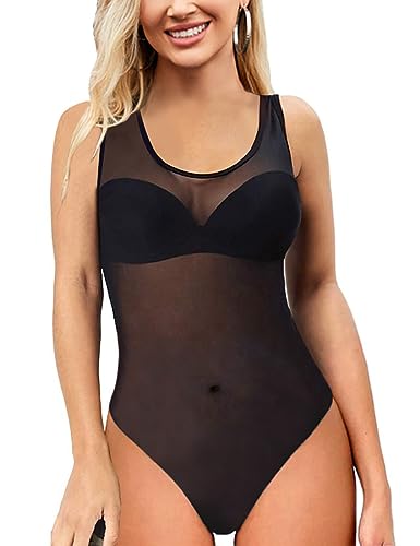 MAYFASEY Damen Ärmelloser Stretch Mesh Durchsichtiger Jumpsuit Body Trikot Club Party Bodycon Tops, Schwarz, L von MAYFASEY