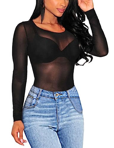 MAYFASEY Damen Basic Langarm Mesh Sheer Tops Durchsichtige Bluse Clubwear, Schwarz, M von MAYFASEY