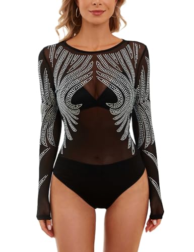 MAYFASEY Damen Body Strass Langarm Stretch Transparentes Mesh Bodys, Schwarz, M von MAYFASEY