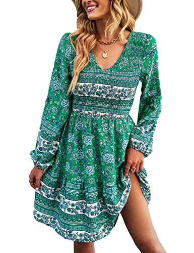 MAYFASEY Damen Boho Kleid Gesmoktes gestuftes Blumenmuster Langarm Flowy Mini Kurz Kleid Casual Strandkleider, A-grün, Small von MAYFASEY