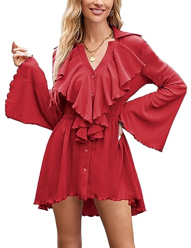 MAYFASEY Damen Button Down Rüschen-Plissee Hemdkleid Langarm Hoher Niedriger Saum Minikleid Lässiges Swing Kleid, Rot, L von MAYFASEY