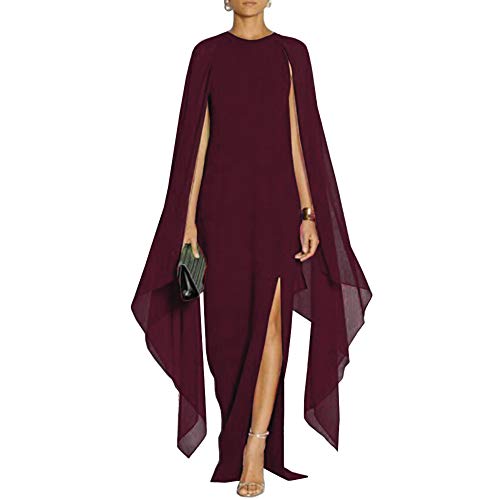 MAYFASEY Damen Elegant High Split Flare Sleeve Formal Abendkleider Maxikleid mit Umhang, Weinrot, XX-Large von MAYFASEY