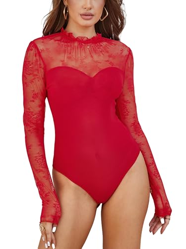 MAYFASEY Damen Floral Spitze Bodysuit Mock Neck Langarm Durchsichtige Mesh Bodysuits Ausgehen Tops, Rot, S von MAYFASEY