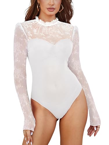 MAYFASEY Damen Floral Spitze Bodysuit Mock Neck Langarm Durchsichtige Mesh Bodysuits Ausgehen Tops, Weiß, XL von MAYFASEY