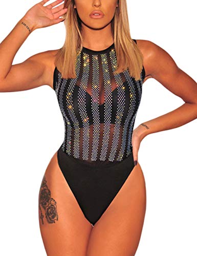 MAYFASEY Damen Gestreifter Strass Mesh ärmelloser Body Sexy Sheer Trikot Clubwear, Schwarz, L von MAYFASEY