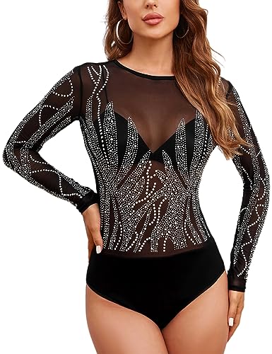 MAYFASEY Damen Glitter Strass Langärmel Transparenter Mesh Bodys Durchsichtige Bodys Oberteile, Schwarz, L von MAYFASEY