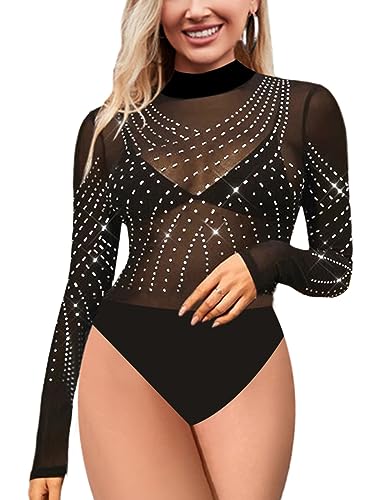 MAYFASEY Damen Glitzernde Strass Lange Ärmel Schiere Mesh Sehen durch Bodysuits Tops, Schwarz, M von MAYFASEY