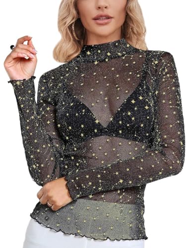 MAYFASEY Damen Gold Star Bedruckte Lange Ärmel Stretch Mesh Transparente Oberteile Durchsichtige Blusen, Schwarz, L von MAYFASEY