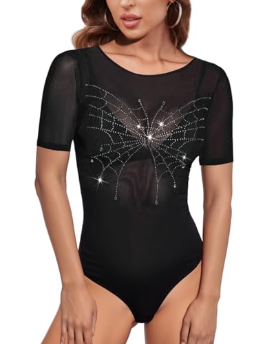 MAYFASEY Damen Kurzarm Mesh Transparente Bodys Rundhalsausschnitt Strass Body Clubwear, Schwarz, L von MAYFASEY