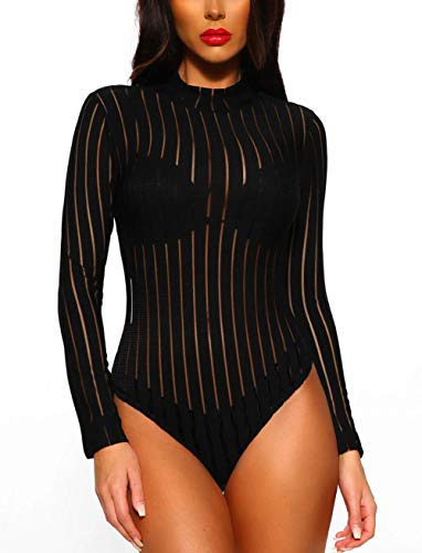 MAYFASEY Damen Langarm Body Sheer Mesh Sexy Leotard Body Tops, 17# Schwarz, L von MAYFASEY