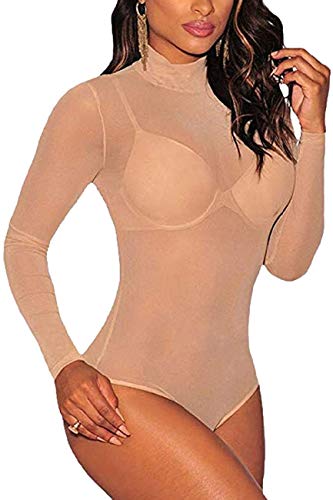 MAYFASEY Damen Langarm Body Sheer Mesh Sexy Leotard Body Tops, 22-hautfarben, S von MAYFASEY